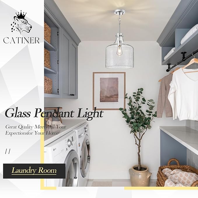 CATINER 12" Chrome Seeded Glass Pendant Light, Modern Farmhouse Hanging Ceiling Light Fixture for Kitchen Island, Dining Room, Hallway, Hand-Blown Bubble Glass Shade, E26 Dimmable Pendant Lighting