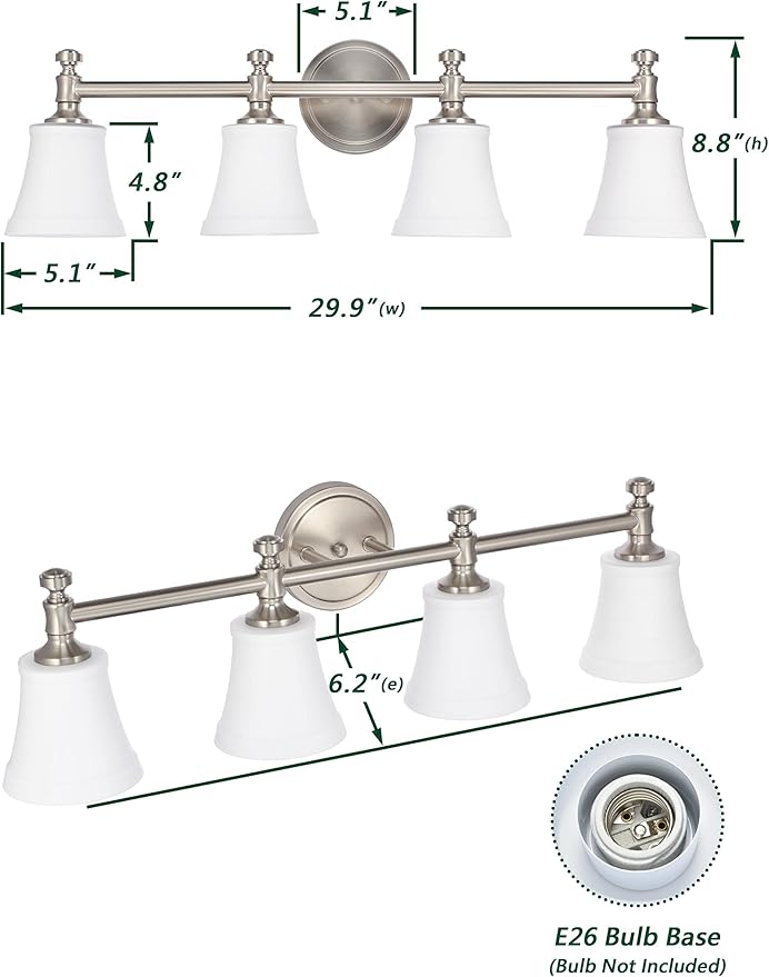 Bathroom Vanity Light Fixtures, Traditional Brushed Nickel 4 Lights Wall Sconce Lighting with Opal Glass Shade, Porch Wall Mount Light Fixture for Bathroom, Mirror Cabinets Hallway Stairs