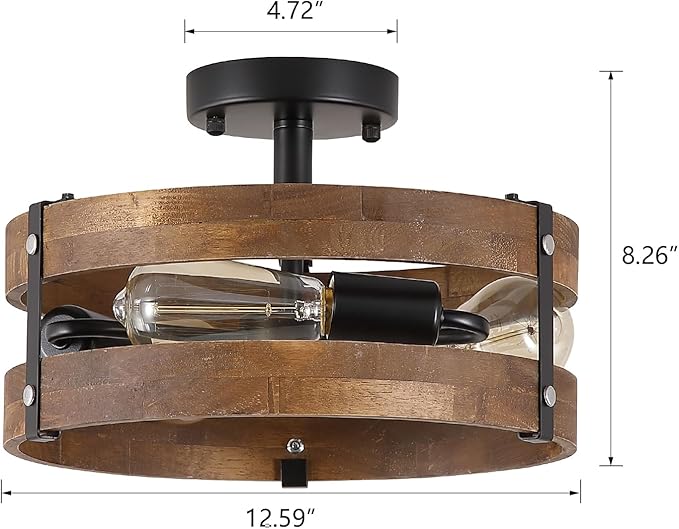 3-Light Rustic Farmhouse Wood Flush Mount Ceiling Light Fixture 12.59 inch Oak Wood and Metal Round Cage Semi Flush Mount Ceiling Light for Hallway Entry Bedroom Kitchen Hall Farmhouse, Black