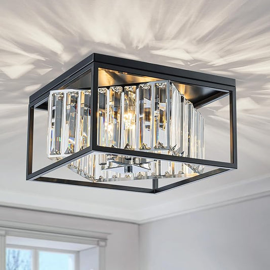 LumFurn 4-Lights K9 Crystal Ceiling Light, Close to Ceiling, 2-Tier Square Flushmount Light Fixture for Living Room, Foyer, Bedroom, L12 x W12 x H7, Clear Crystal, Black & Chrome Finish