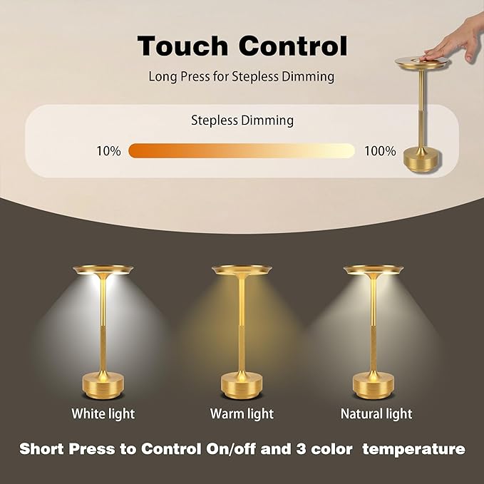 Rechargeable Cordless Table Lamp Set of 2, Portable Battery Operated LED Table Light, 3 Color Stepless Dimming with Touch Sensor & Memory Function for Outdoor Patio Restaurant Dining Room,Gold