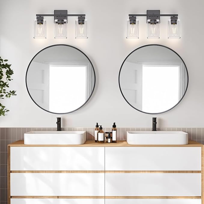 Espird Matte Black Bathroom Vanity Light, 3-Light Vanity Lighting fixtures Over Mirror, Square Design & UL Certification, Wall Sconces with Clear Glass Shades, E26 Socket (Bulbs Not Included)
