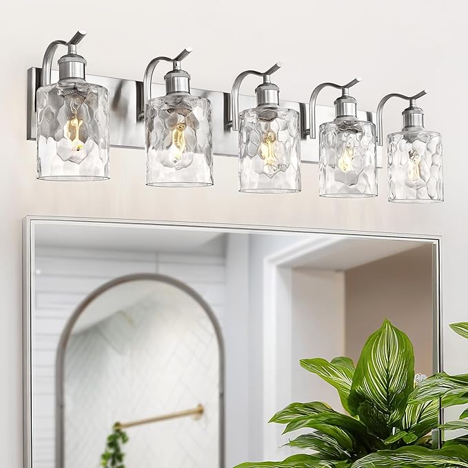Bathroom Vanity Light Fixtures Over Mirror 5-Light Hammered Glass Wall Mounted Modern Brushed Nickel - VL01BNH-5