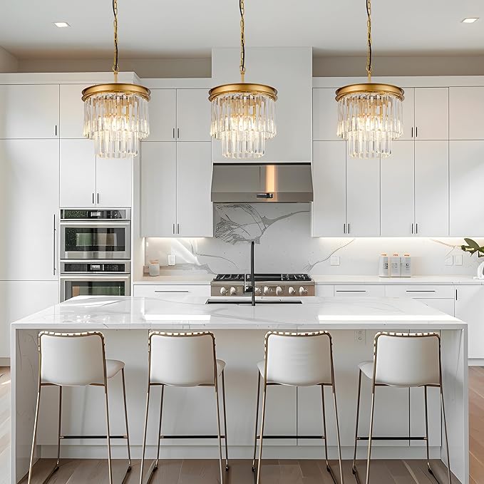 3-Pack Crystal Pendant Lights 11.8" Modern Crystal Chandelier 3-Light 2-Tier Luxury Gold Round Hanging Lighting Fixture for Dinning Room Bedroom Living Room Foyer Kitchen Island