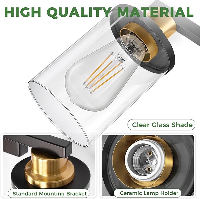 DORESshop Bathroom Light Fixtures, 4-Light Black and Gold Bathroom Lighting Fixtures Over Mirror with Glass Shade, Modern Vanity Lights for Hallway Bedroom, Includes Bulbs