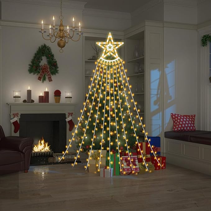 350 LED Christmas Decorations Star String Lights Waterproof Waterfall StarLights 8 Light Modes Remote & Timer,Waterproof Seasonal Lighting Decor for Home Xmas Tree Yard Wedding Party (Warm White)