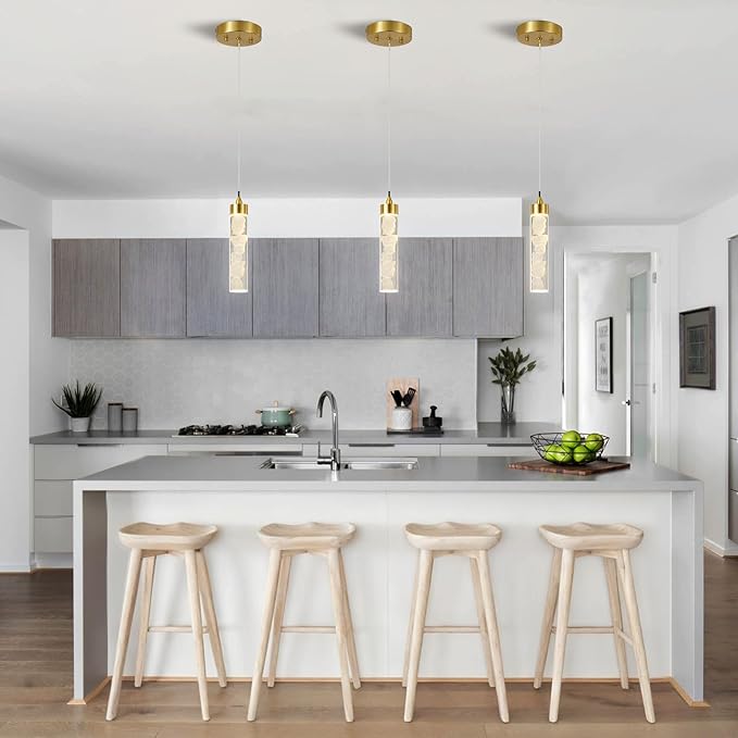 Pendant Lights Kitchen Island 3 Pack, Modern Mini Pendant Light Fixtures with Crystal Stone, Dimmable LED Chandelier, Gold Hanging Light Fixture for Dining Room Hallway, 3000-5000K Adjustable, ETL