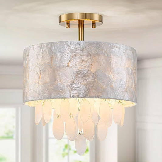 D7 inch Capiz Shell Crystal Drum Ceiling Light, 3-Light Coastal Design Flushmount Light Fixture for Dining Room, Hallway, Bedroom, D12xH15 in, Shell Pendants & Lampshade & Gold Finish