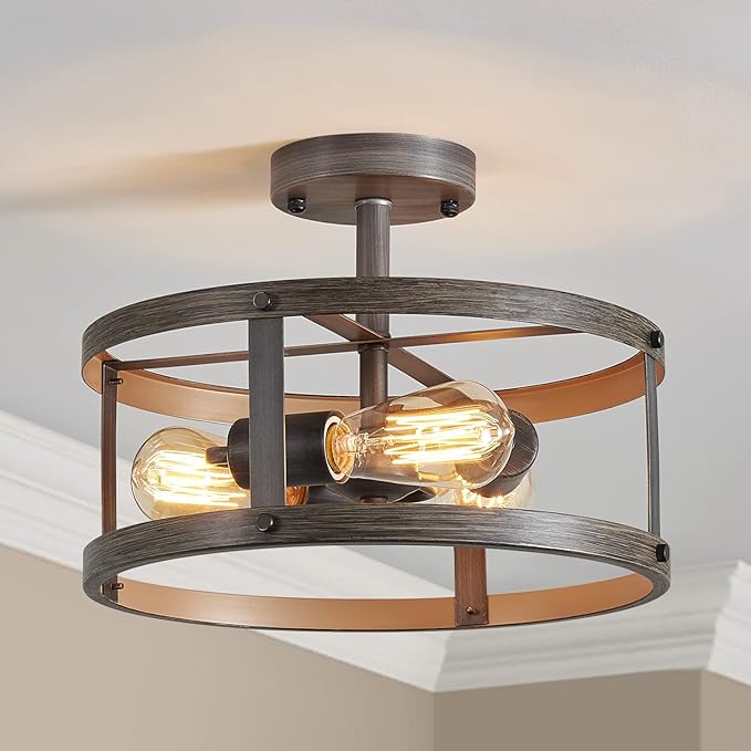 AGV LIGHTING Farmhouse Semi Flush Mount Ceiling Light Fixture, Rustic Style Close to Ceiling Light with 3-Light, Faux Oka Wood Texture with Brushed Grey Finish