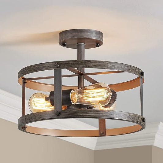 AGV LIGHTING Farmhouse Semi Flush Mount Ceiling Light Fixture, Rustic Style Close to Ceiling Light with 3-Light, Faux Oka Wood Texture with Brushed Grey Finish