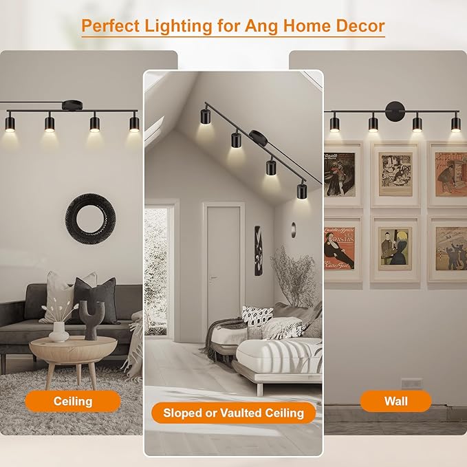 Plug in Track Lighting, LED Track Lighting Fixtures Ceiling, Black 4-Light Kitchen Light Kit, Plug in Wall Light with 14.8ft Power Cord, Rotatable Ceiling Spotlight for Bedroom(GU10 Socket, NO Bulb)