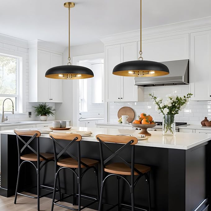19.7 Inch Extra Large Pendant Light, 3-Light Black and Gold All Metal Pendant Lighting Fixture, Oversized Modern Dome Chandelier Ceiling Hanging for Kitchen Island Dining Room Living Entryway