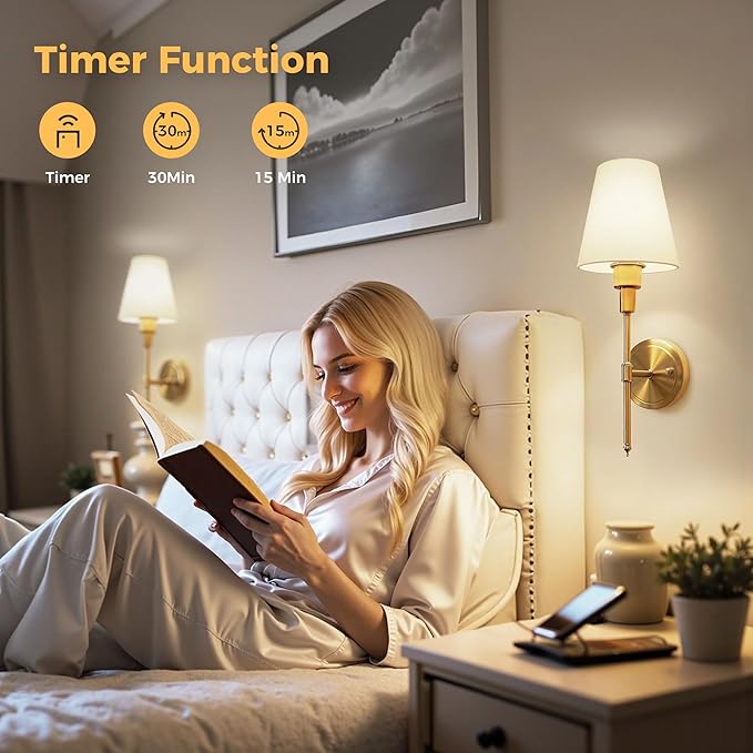 DORESshop Battery Operated Wall Sconce Set of 2, Wall Light Wireless Easy to Install, Dimmable and Adjustable Sconces Wall Decor, Rechargeable Wall Lamp for Bedroom, Living Room, Gold 18.7in
