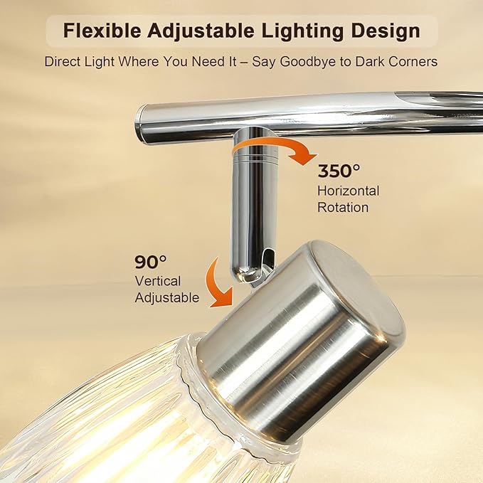 HiBay 4-Light Track Lighting Modern, Adjustable Ceiling Light Fixture w/Glass Shades, Metal Chrome Spotlight Indoor for Bathroom, Kitchen, Living Room, E12 Base, No Bulbs