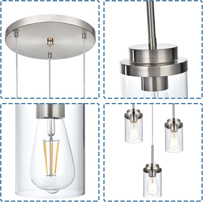 MELUCEE 3-Light Hanging Chandelier Light for Dining Room in Brushed Nickel, Modern Kitchen Island Pendant Lighting Adjustable Hanging Ceiling Lamp with Clear Glass Shade