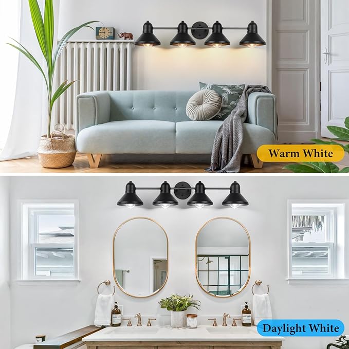 Bathroom Light Fixtures, 4-light Vanity Light Over Mirror, Matte Black Metal Bathroom Light, Modern Farmhouse Rustic Industrial Indoor Wall Mount Lighting Sconce for Living Room Cabinet Hallway