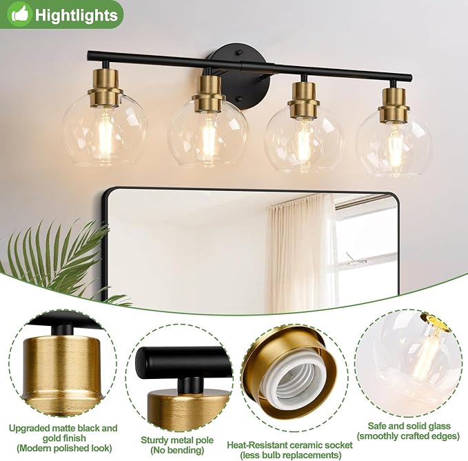 Indoi 4-Light Bathroom Light Fixtures, Black and Gold Bathroom Lights Over Mirror with Clear Glass Globe Shade, Vanity Lights for Bathroom Kitchen Living Room Hallway Cabinet Bedroom Porch