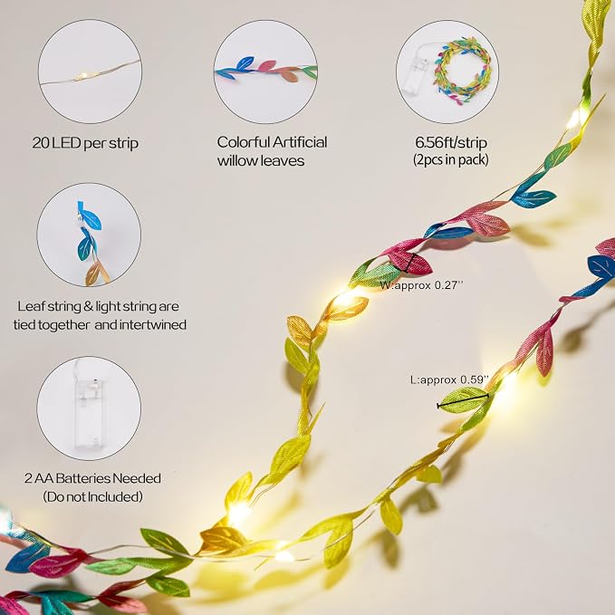Fairy Lights Battery Operated with Vines, Colorful Leaves String Lights Plant Light for Bedroom Wedding Birthday Party Decoration Indoor DIY Crafts, 6.56FT, 2PCS