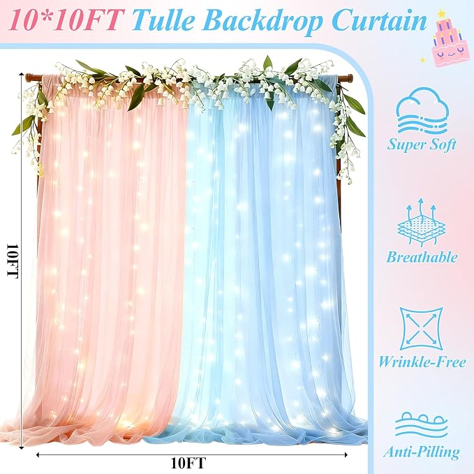 Ledido 10×10ft Pink Blue Tulle Backdrop Curtains with Lights String - 300LED Fairy Lights Sheer Curtain Backdrop for Gender Reveal Baby Shower Photo Shoot Birthday Party Decoration(2 Panels 5×10ft)