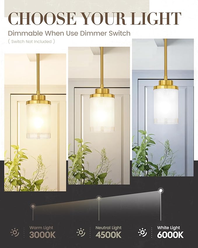 TENGXIN Modern Pendant Light for Kitchen Island, 6-Inch Brushed Gold Hanging Ceiling Light Fixture,Farmhouse Pendant Lighting for Dining Room Bedroom Bar Office