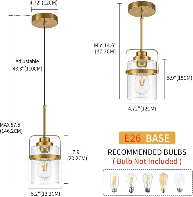 Modern Brass Pendant Lights Kitchen Island Light, Adjustable Hanging Light Fixture with Clear Glass Shade, Farmhouse Pendant Light for Dining Room Bar Over Sink/Table/Counter, 1 Pack