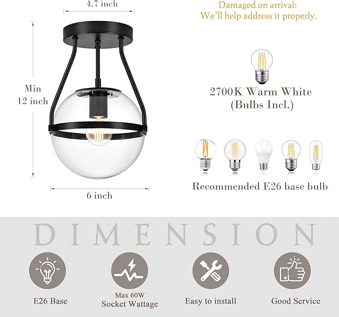 Bagood 6" Globe Semi Flush Mount Ceiling Light Fixture Modern Black Semi Flush Mount Ceiling Light Mid Century Ceiling Light With Clear Glass Shade Matte Black Finish for Hallway Bathroom (Bulb Incl.)