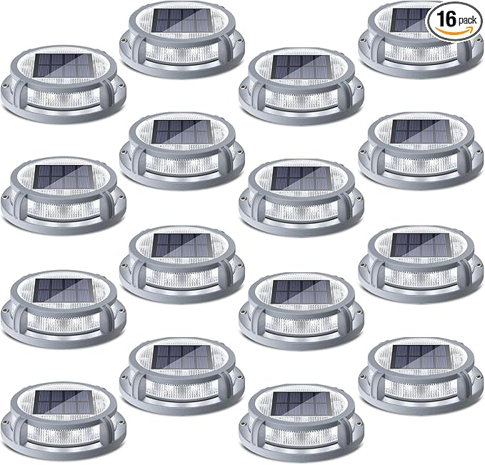 SIEDiNLAR Solar Deck Lights Outdoor 2 Modes 16 LEDs Dock Light Driveway Markers Solar Powered Waterproof for Ground Pathway Step Walkway Stair Road Garden Yard 16 Pack (Cool White/Warm White)