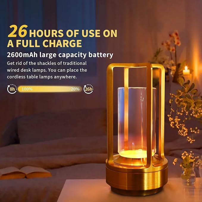 Crystal Lantern lamp with Touch Dimming, Rechargeable LED Table Lamp, 3-Color Adjustable Brightness,4200mAh Battery Powered Desk Light for Bedroom, Restaurant, Outdoor
