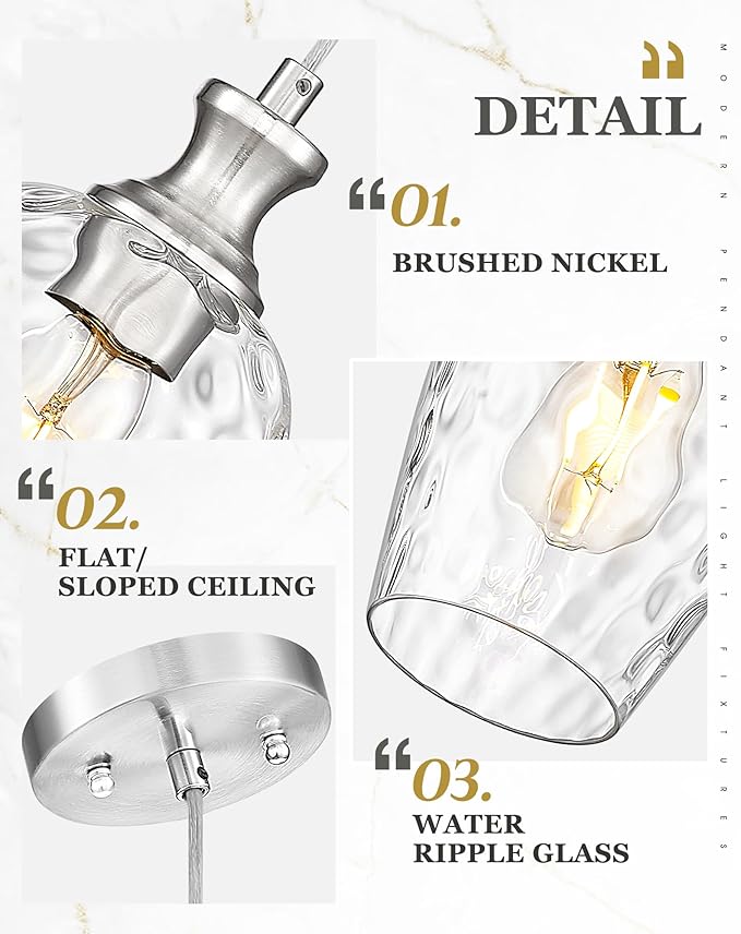 Pendant Lights Kitchen Island, Modern Brushed Nickel Hanging Lights Fixtures with Hand-Blown Hammered Clear Glass, Farmhouse Kitchen Island Lighting Over Sink, AD-24027-1P-SN