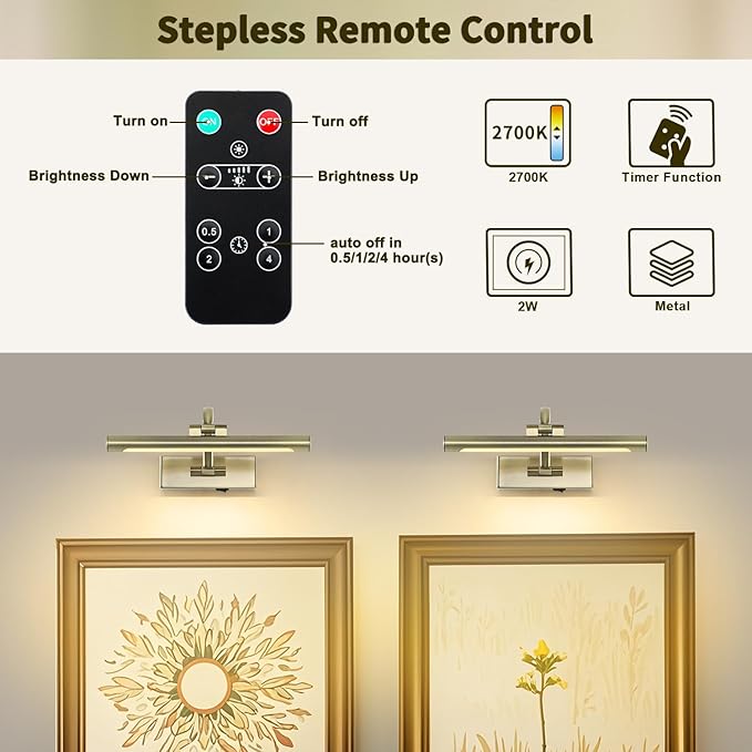 DESOOP Wireless Picture Lights Rechargeable Gallery Lighting Battery Picture Frame Light with Remote and Timer, Adjustable Art Light for Paintings, Portraits, Antique Bronze Finish 12'' Inch 2W 2700K