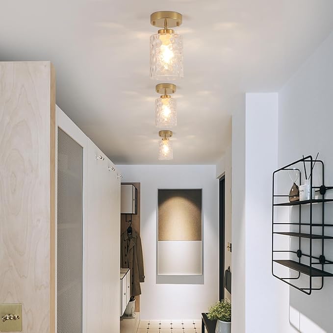 MWZ Gold Pendant Lights Kitchen Island 3 Pack, Modern Hanging Kitchen Pendant Lighting Over Sink with Hammered Glass Shade,Small Chandeliers Fixtures Adjustable Cord Hanging Lighting for Dining Room