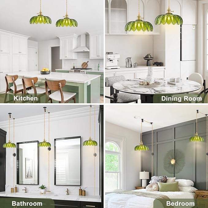 2 Pack Plug in Pendant Light Fixtures, Hanging Light Fixture Glass Pendant Light, Vintage Green Hanging Lamp, Pendant Lighting for Kitchen Island, Bedroom, Dining Room, Living Room