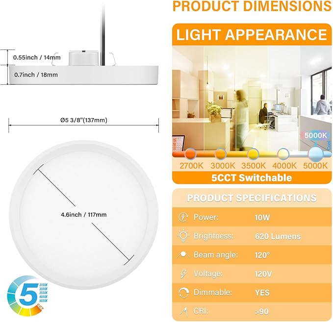 5 Inch Field Selectable 5CCT LED Edgelit Slim Surface Mount Downlight for J-Box, Round, Mini Flat Panel Light, Dimmable, 120VAC, 10W, 620LM, CRI90, ETL, Wet Location, White, 4 Packs