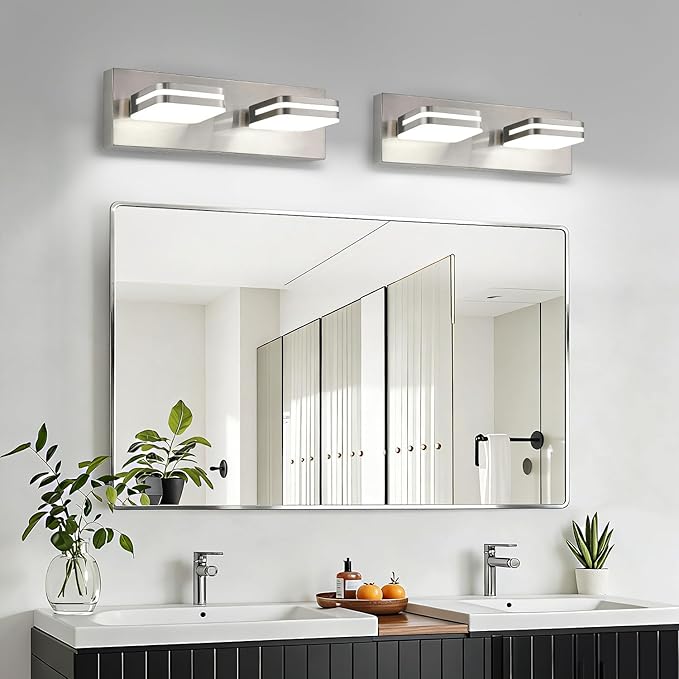 360° Rotate 2-Light LED Bathroom Vanity Light Fixtures, 900LM Acrylic Brushed Nickel Vanity Lights for Bathroom, Modern Wall Lighting Fixtures Over Mirror Kitchen Living (Natural White Light 5000K)