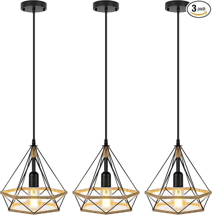 ropelux Pendant Lights Fixtures, Black Farmhouse Kitchen Island Lighting, Adjustable Height Modern Metal Hanging Light Fixture for Kitchen Island Sink Dining Room Bedroom- 3 Pcs