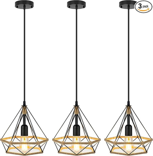 ropelux Pendant Lights Fixtures, Black Farmhouse Kitchen Island Lighting, Adjustable Height Modern Metal Hanging Light Fixture for Kitchen Island Sink Dining Room Bedroom- 3 Pcs