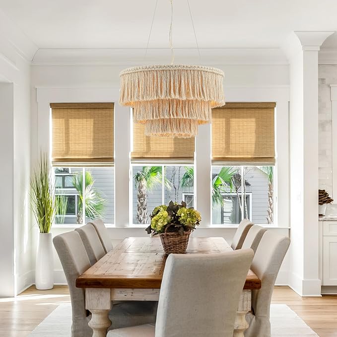 24” Fringe Chandelier with Tassels 3-Tier Boho Hand Woven Pendant Light for Dining Room Kitchen Island Living Room Foyer, UL Listed