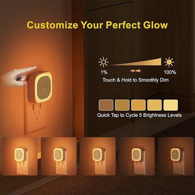 YUNLEX 2 Pack Plug in Amber Night Light with Motion Sensor & Dusk to Dawn Sensor, 3 Sensor Modes, Dimmable Night Lights Plug into Wall, Nightlight for Kids, Sleep, Bathroom, Bedroom, as Mother Gifts