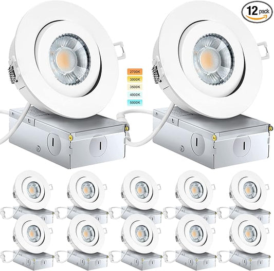 KnLnny Ware Gimbal Recessed Lights 4 Inch 12 Pack, Eyeball Outdoor recessed Lighting with Junction Box,9W 750LM Dimmable ETL Listed, Airtight, 5CCT Selectable
