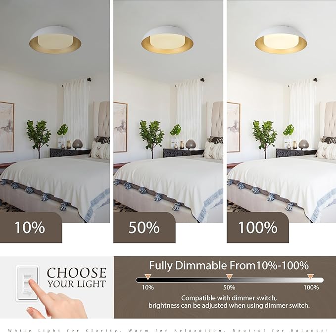15in LED Flush Mount Ceiling Light, 28W Dimmable Ceiling Light Fixtures with Frosted Glass, White and Gold Finish Modern Ceiling Light for Bedroom Kitchen Living Room, 3CCT, OS-DY2001-WH