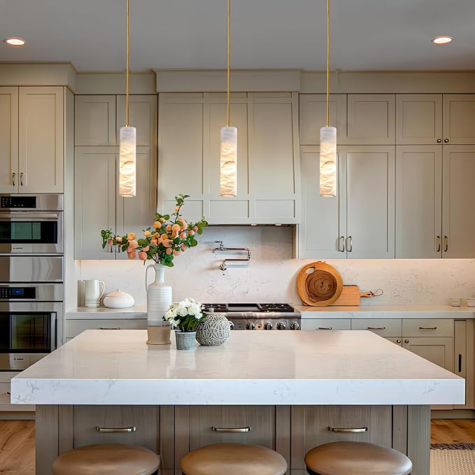 Natural Alabaster Pendant Light Fixture, Modern Marble Kitchen Island Lamp, 9.8" x 2.4" Long Tube Alabaster Chandelier, Small Pendant Light for Bedroom, Dining Room, Living Room (E12 Bulb - 2 Pack)
