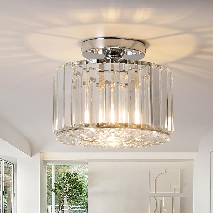 Crystal Ceiling Light, Semi Flush Mount Ceiling Light Silver Crystal Chandelier for Bedroom Kitchen Hallway Entrance Balcony Dining Rooms Living Rooms Bar
