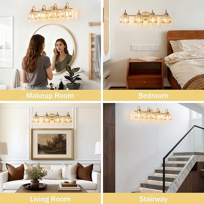 Vintage Bathroom Light Fixtures, Brass Vanity Lights with Amber Tulip Glass Shade, Vanity Sconces for Bathroom Bedroom Living Room Hallway, 4-Light