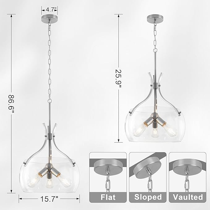15.7" Industrial Glass Chandelier, 3-Light Large Farmhouse Chandelier, Brushed Nickel Hanging Pendant Light Fixture with Glass Shade for Dining Room Kitchen Sink Hallway Entryway