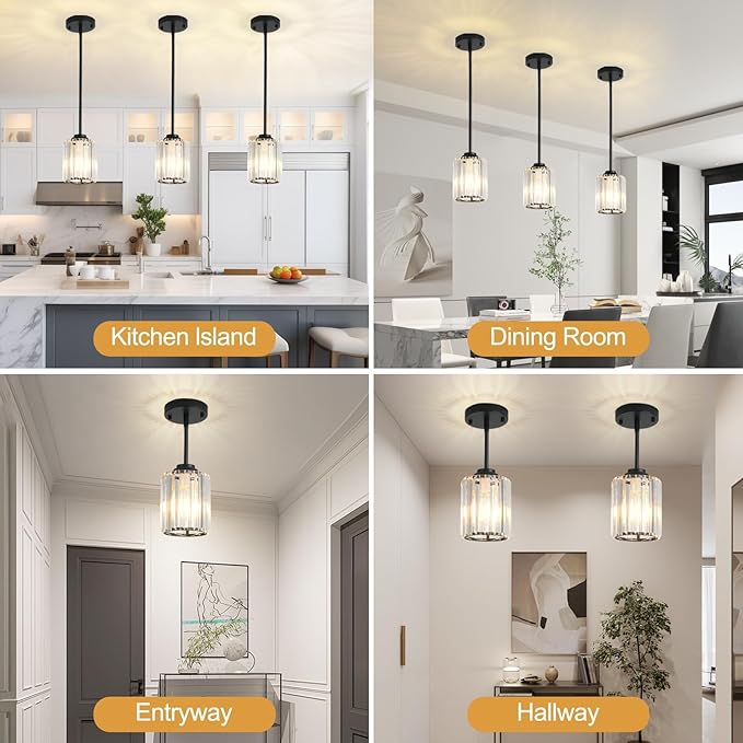 3 Pack Crystal Pendant Lights Kitchen Island, Adjustable Hight Modern Black Mini Chandelier, Ceiling Hanging Light Fixtures, Lamparas Colgantes for Kitchen Hallway Dining Room Bedroom