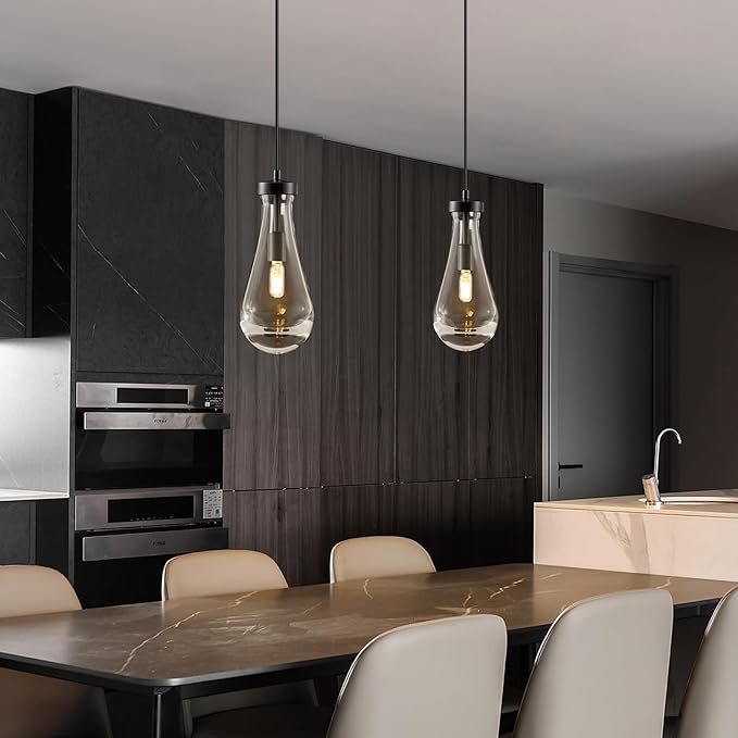 Raindrop Pendant Lights Kitchen Island: Modern 2 Black Teardrop Hanging Light for Bathroom - Crystal Pendants Light over Dining Table - Brass Raindrops lamps Fixture for Bedroom Hallway Bulbs Included