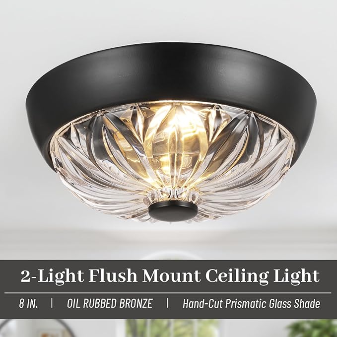 Black Semi Flush Mount Ceiling Light, 2-Light Modern Farmhouse Close to Ceiling Light Fixture, Aluminum Glass Indoor Outdoor Ceiling Lamp for Bedroom Kitchen Hallway