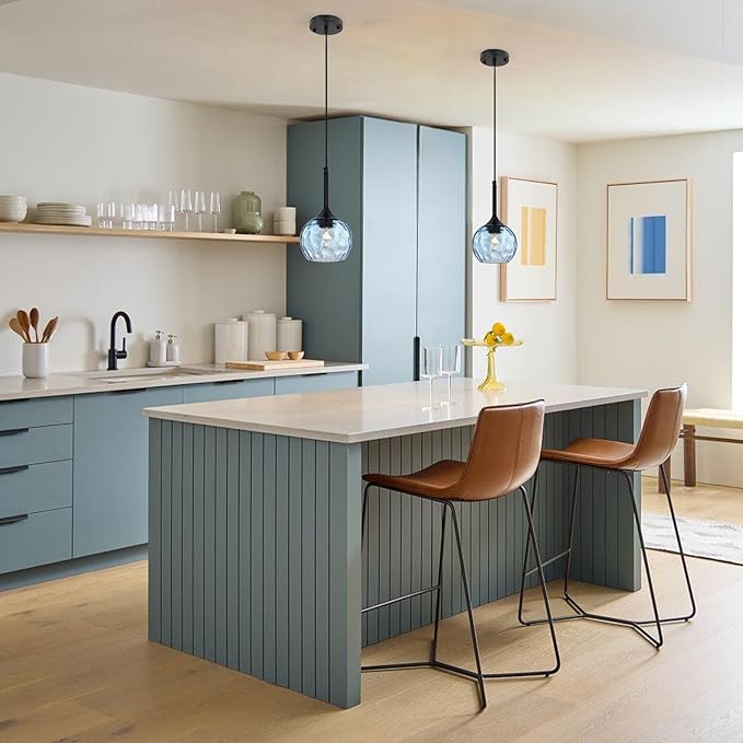 JHLBYL Glass Pendant Lights Kitchen Island: 5.91'' 2-Pack 1-Light Blue Hammered Glass Pendant Light with Black Finish - Modern Minimalist Hanging Light Fixture for Kitchen Sink Dining Room - E26 Base