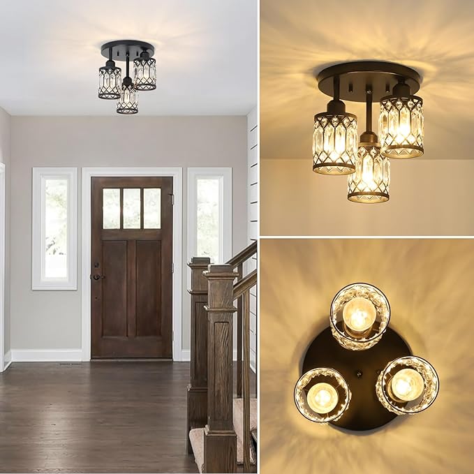 Semi Flush Mount Ceiling Light,3-Light Modern Crystal Close to Ceiling Light Fixtures, Black Kitchen Light Fixtures with Clear Crystal Shade,Hallway Light Fixtures for Hallway Bedroom Bathroom