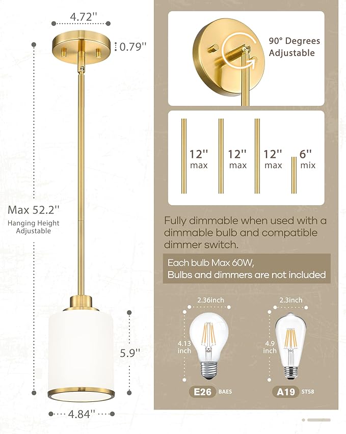 Beionxii 2 Pack Brushed Gold Pendant Lights Kitchen Island, Modern Kitchen Pendant Lighting Over Island, Hanging Lights with Milk Glass for Sink, Dining Room, Entryway, BX-PL02BG-2